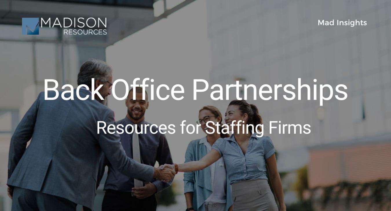 A staffing agency owner shaking hands with representatives from payroll, billing, collections, and cash apps departments. They are forming a back office partnership to manage the overwhelming aspects of the business efficiently and facilitate growth. 